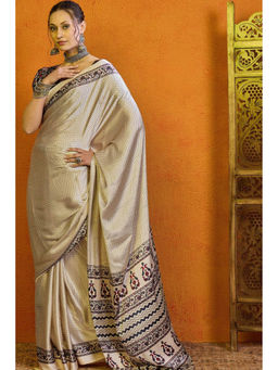 Mysilklove - Women Cream Satin Printed Saree with Unstitched Blouse with Unstitched