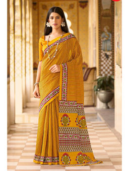 Mysilklove - Women Yellow Cotton Stripes Saree with Unstitched Blouse with Unstitched