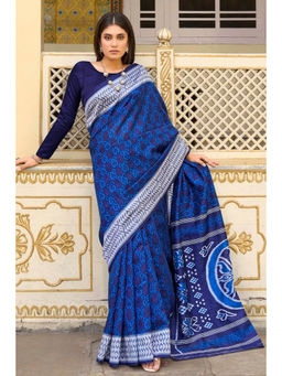 Mysilklove - Women Navy Blue Cotton Printed Saree with Unstitched Blouse with Unstitched