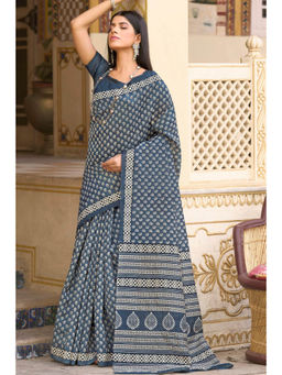 Mysilklove - Women Blue Cotton Paisley Saree with Unstitched Blouse with Unstitched