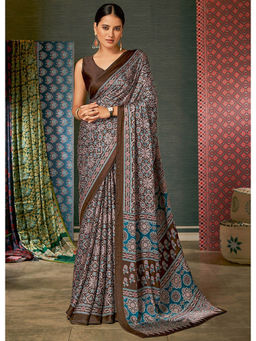Mysilklove - Women Brown Satin Floral Saree with Unstitched Blouse with Unstitched