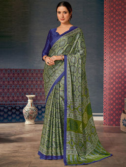 Mysilklove - Women Green Satin Printed Saree with Unstitched Blouse with Unstitched