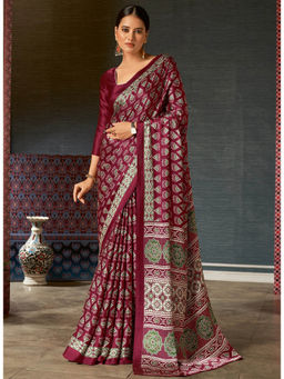 Mysilklove - Women Purple Satin Printed Saree with Unstitched Blouse with Unstitched