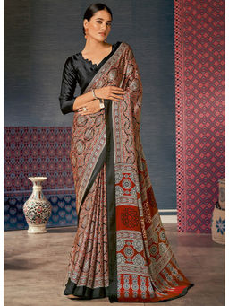 Mysilklove - Women Brown Satin Printed Saree with Unstitched Blouse with Unstitched