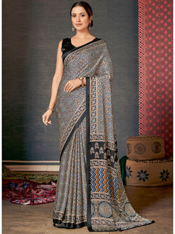 Mysilklove - Women Black Satin Geometric Saree with Unstitched Blouse with Unstitched