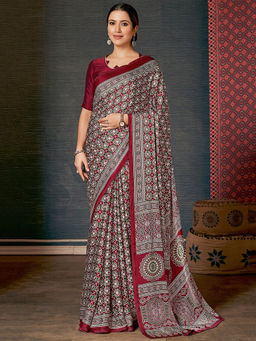 Mysilklove - Women Maroon Satin Geometric Saree with Unstitched Blouse with Unstitched