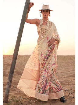 Mysilklove - Women Cream Linen Blend Floral Saree with Unstitched Blouse with Unstitched
