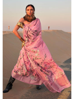 Mysilklove - Women Pink Linen Blend Floral Saree with Unstitched Blouse with Unstitched