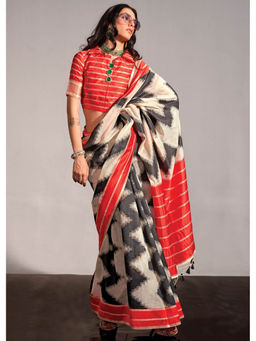 Mysilklove - Women White Banarasi Printed Saree with Unstitched Blouse with Unstitched