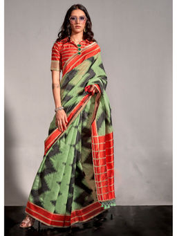 Mysilklove - Women Green Banarasi Printed Saree with Unstitched Blouse with Unstitched