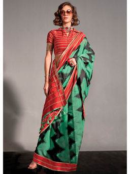 Mysilklove - Women Green Banarasi Printed Saree with Unstitched Blouse with Unstitched
