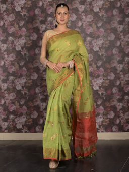 Odette - Women Green Cotton Woven Saree with Unstitched Blouse with Unstitched