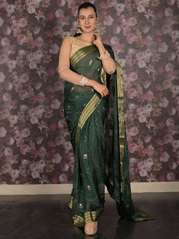 Odette - Women Green Chiffon Floral Saree with Unstitched Blouse with Unstitched