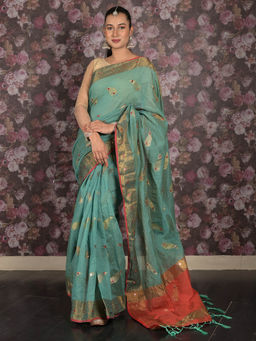 Odette - Women Green Cotton Woven Saree with Unstitched Blouse with Unstitched