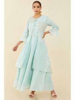 Soch - Women Blue Cotton Embroidered Dress with Jacket (Set of 2)