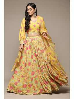 Biba - Women Yellow Printed Poly Crepe Lehenga (Set of 3)