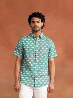 Fabindia - Men Teal Printed Spread Collar Shirt