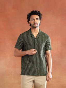Fabindia - Men Dark Green Woven Design Cuban Collar Shirt