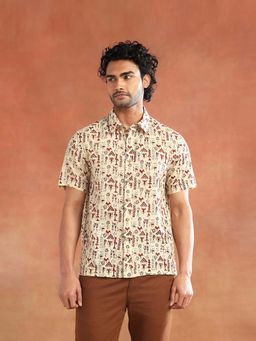 Fabindia - Men Beige Printed Spread Collar Shirt