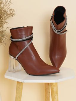 SHUZ TOUCH - Embellished Transparent Block Heel Boots - Brown