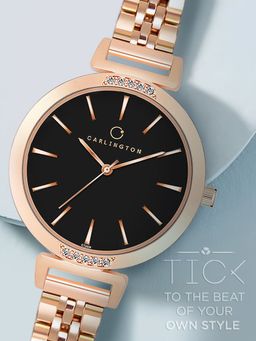 CARLINGTON - Women Rose Gold Stainless Steel Round Dial Watch (Iconic 2034 Roseblack) (M)