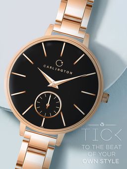 CARLINGTON - Women Rose Gold Stainless Steel Round Dial Watch (Iconic 2038 Roseblack) (M)