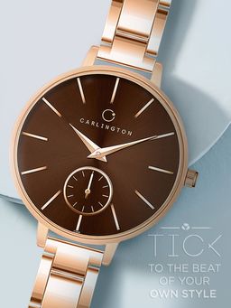 CARLINGTON - Women Rose Gold Stainless Steel Round Dial Watch (Iconic 2038 Rose Brown) (M)
