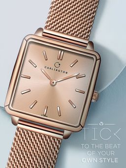 CARLINGTON - Women Rose Gold Stainless Steel Square Dial Watch (Iconic 2040 Rose Gold) (M)