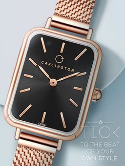 CARLINGTON - Women Rose Gold Stainless Steel Rectangular Dial Watch (Iconic 204Black) (M)