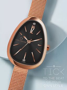 CARLINGTON - Women Rose Gold Stainless Steel Oval Dial Watch (Iconic 2047 Roseblack) (M)