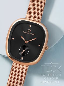CARLINGTON - Women Rose Gold Stainless Steel Square Dial Watch (Iconic 2048 Roseblack) (M)