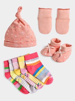 Mi Arcus - Peach Printed Cap, Mittens, Botties and Socks