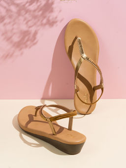 Inc.5 - Women Golden Striped Round Toe Casual Flat Sandals