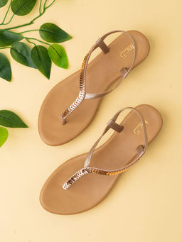 Inc.5 - Women Rose Gold Striped Round Toe Casual Flat Sandals
