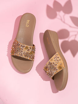 Inc.5 - Women Golden Embellished Round Toe Ethnic Sandals