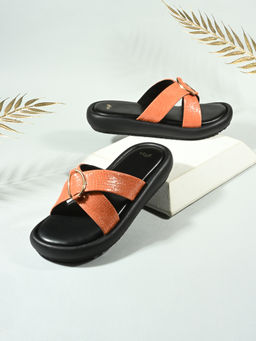 Styli - Women Textured Criss-Cross Strap Detail with Golden Trim Orange Sandals