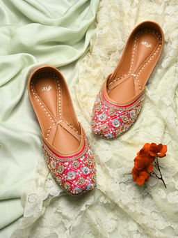 Styli - Women Sequin Embellished Zari Thread Juttis Pink