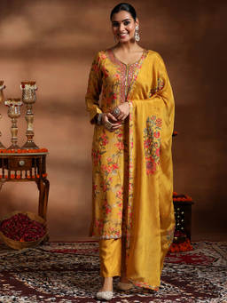 Libas - Women Mustard Floral Printed Kurta with Lining and Solid Pant with Dupatta (Set of 3)