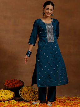 Libas - Blue Floral Zari Embroidered Straight Kurta with Pant (Set of 2)