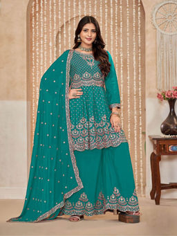 Odette - Teal Chinon Semi Stitched Kurta with Sharara and Dupatta for Women (Set of 3)