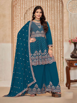 Odette - Teal Chinon Semi Stitched Kurta with Sharara and Dupatta for Women (Set of 3)