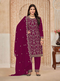 Odette - Wine Georgette Semi Stitched Kurta with Pant and Dupatta for Women (Set of 3)