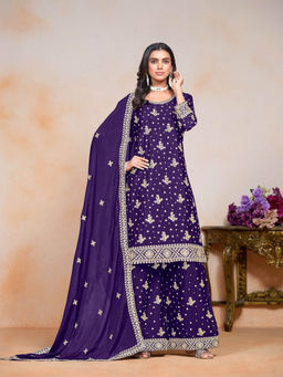 Odette - Purple Chinon Semi Stitched Kurta with Sharara and Dupatta for Women (Set of 3)