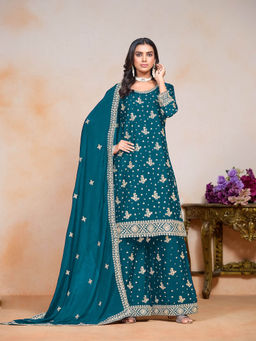 Odette - Teal Chinon Semi Stitched Kurta with Sharara and Dupatta for Women (Set of 3)