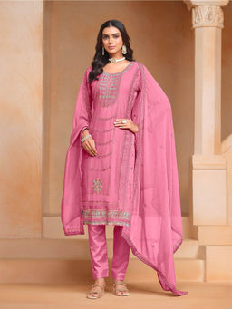 Odette - Pink Organza Semi Stitched Kurta with Pant and Dupatta for Women (Set of 3)