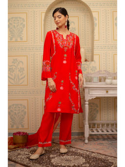 HOUSE OF KARI - Falak Kashmiri Kurta with Pant In Muslin Red (Set of 2)