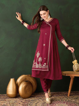 KVS FAB - Maroon Embroidered A-Line Kurta with Pant (Set of 2)