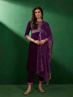 KVS FAB - Purple Embroidered Sequinned Velvet Kurta with Pant and Dupatta (Set of 3)