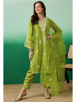 KVS FAB - Lime Green Floral Embroidered V-Neck Kurta with Pant and Dupatta (Set of 3)