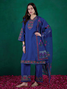 KVS FAB - Blue Floral Embroidered Straight Kurta with Pant and Printed Dupatta (Set of 3)